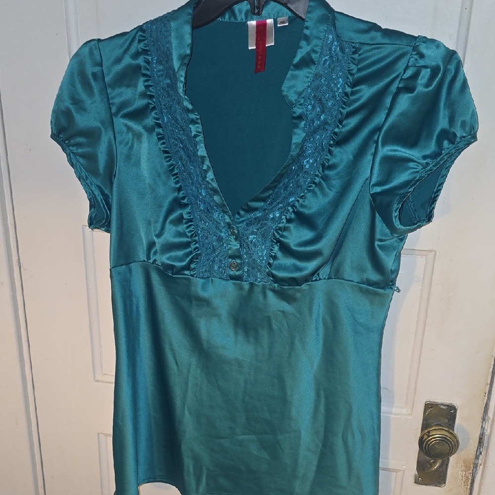 Satin Teal V-Neck Blouse with Lace Trim